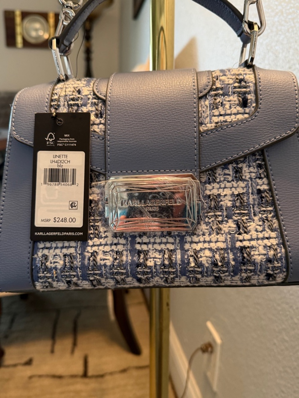 Karl Lagerfeld Light Blue Tweed Top-Handle Mini Bag. MSRP $248.00